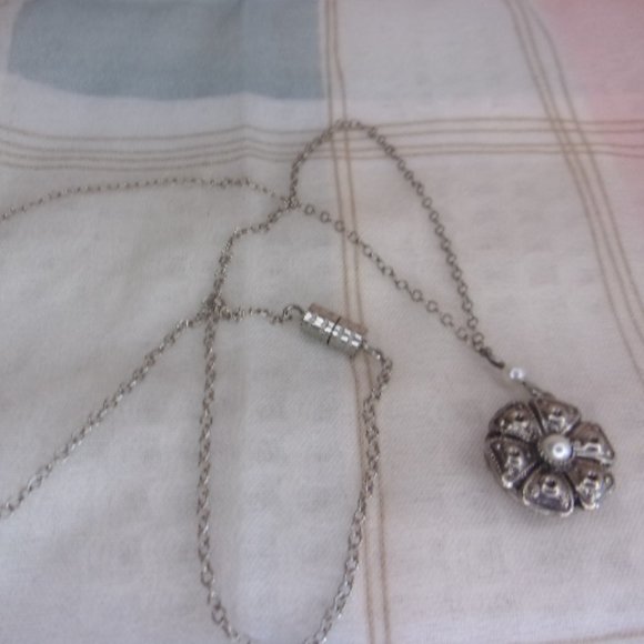 Pearl Accent Silver Tone Floret Locket Necklace - Picture 7 of 11